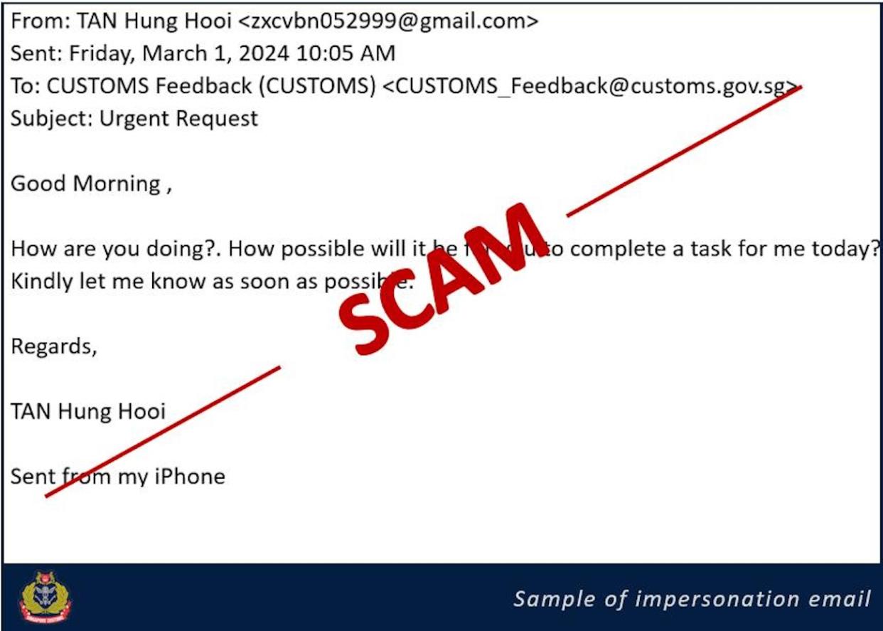 Scammers impersonate Singapore Customs officials, including director-general Tan Hung Hooi, urging recipients to complete a task