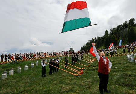 A flag thrower and alphorn blowers perform on the last day of the Alphorn International Festival on the alp of Tracouet in Nendaz, southern Switzerland, July 22, 2018. REUTERS/Denis Balibouse