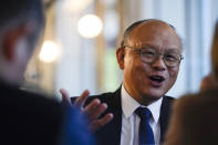 Taiwan Trade Minister John Chen-Chung Deng speaks during an interview with the Associated Press at Willard Hotel's Café du Parc, in Washington, Wednesday, May 3, 2023. (AP Photo/Carolyn Kaster)