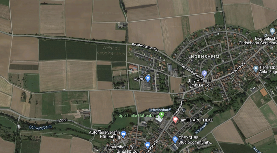 A map of Hornsheim on Google Maps showing the green corn field with the question.