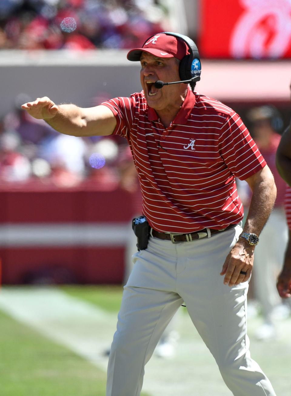 Apr 22, 2023; Tuscaloosa, AL, USA;  Alabama defensive coordinator Kevin Steele yells instructions during the A-Day game at Bryant-Denny Stadium. 