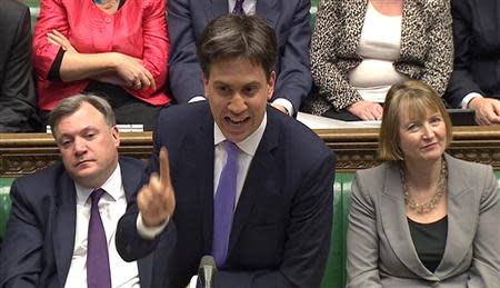 A still image taken from video shows Britain's opposition Labour party leader Ed Miliband responding to the budget delivered by Chancellor of the Exchequer George Osborne, in the House of Commons, in central London March 19, 2014. REUTERS/UK Parliament via REUTERS TV