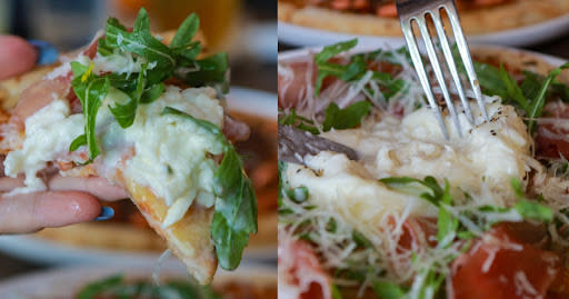 collins - close up of burrata and parma ham pizza