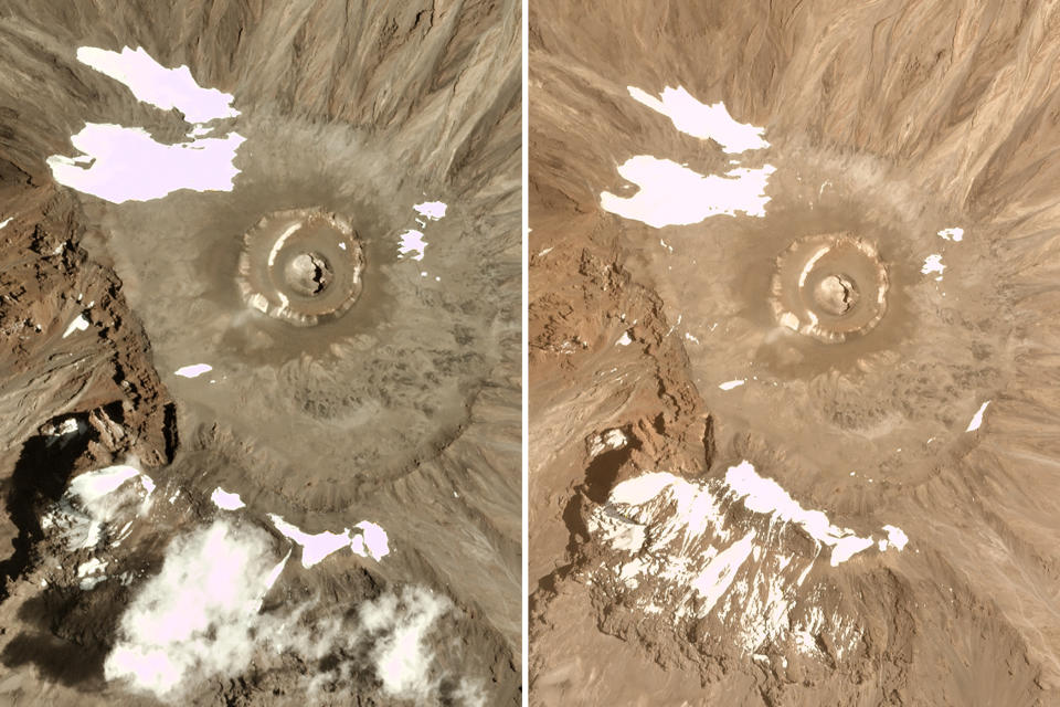 This combination of satellite images provided by Planet Labs Inc. shows glaciers at Mt. Kilimanjaro in Tanzania in 2016, left and 2021. With many glaciers rapidly melting because of climate change, countries around the world are facing trouble from the disappearance of the ice sheets. (Planet Labs Inc. via AP)
