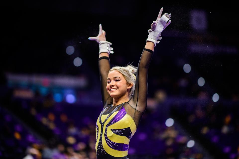 LSU gymnast Olivia Dunne performs earlier this year in Baton Rouge, Louisiana.