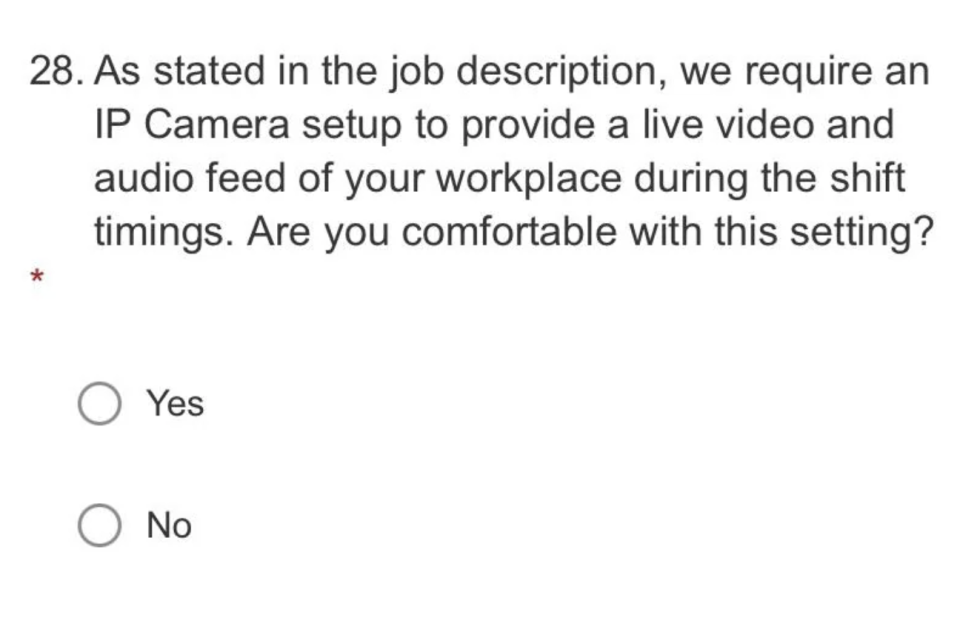 IP Camera setup for live video and audio feed during shift timings. "Are you comfortable with this setting?" with Yes and No options