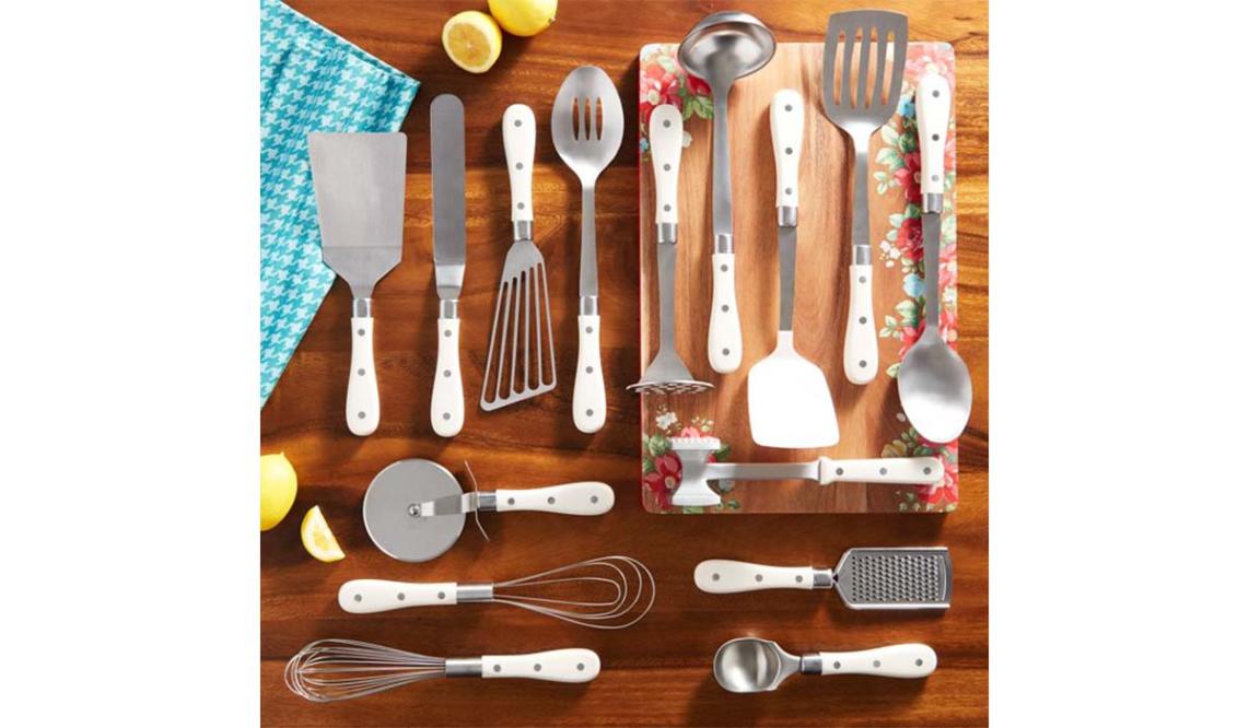  Pioneer Woman Frontier Teal Blue 15 Pc Set Kitchen Tool  Stainless Steel Spoon Whisk Spatula Set : Home & Kitchen