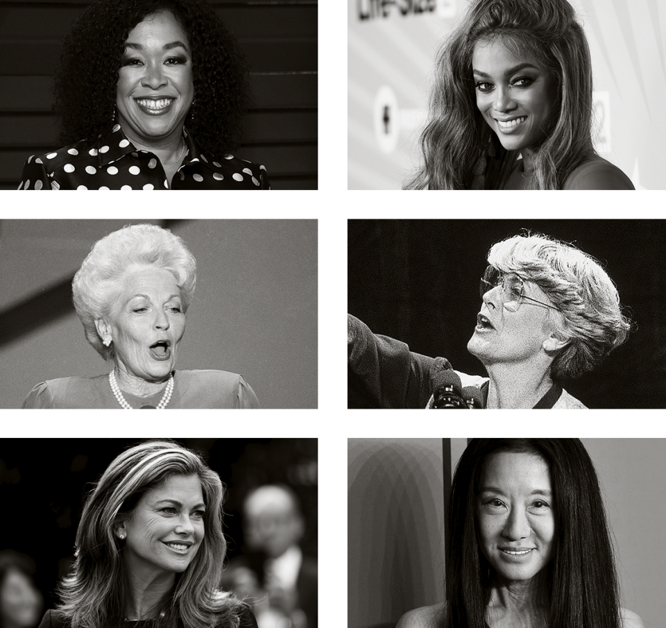 From top left: Shonda Rhimes, Tyra Banks, Ann Richards, Geraldine Ferraro, Kathy Ireland and Vera Wang.