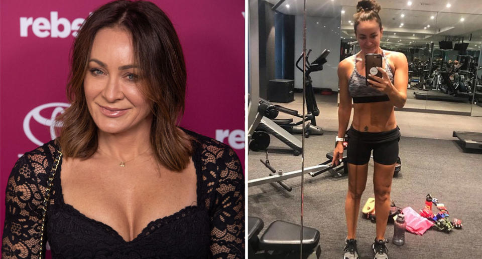 Michelle Bridges pictured at a function and (right) at a gym. 