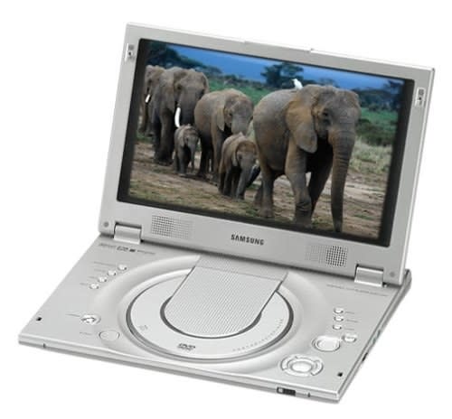 A portable DVD player playing a movie featuring elephants walking