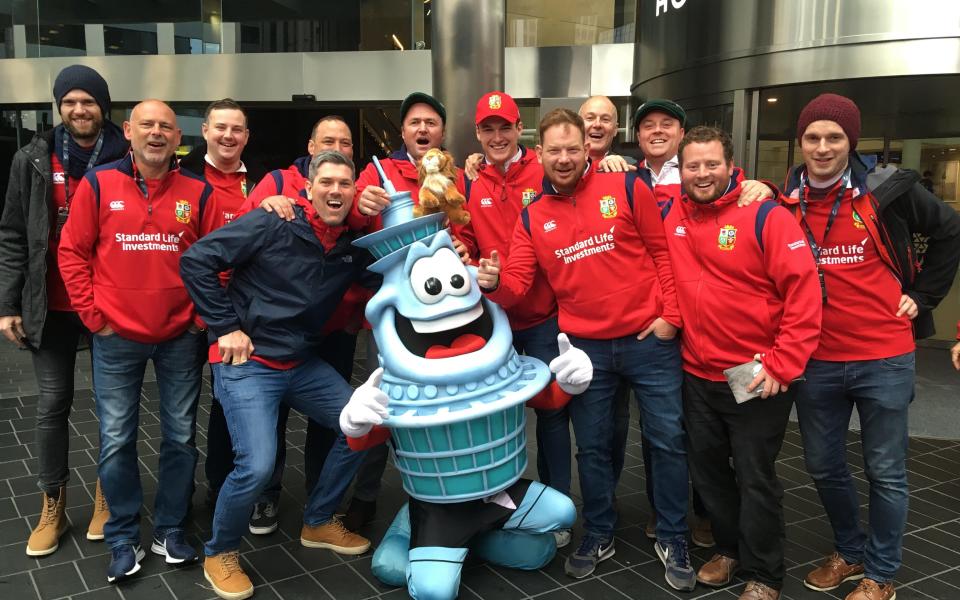 Alex Edwards (pictured back row third from left) with a group of Lions fans in New Zealand