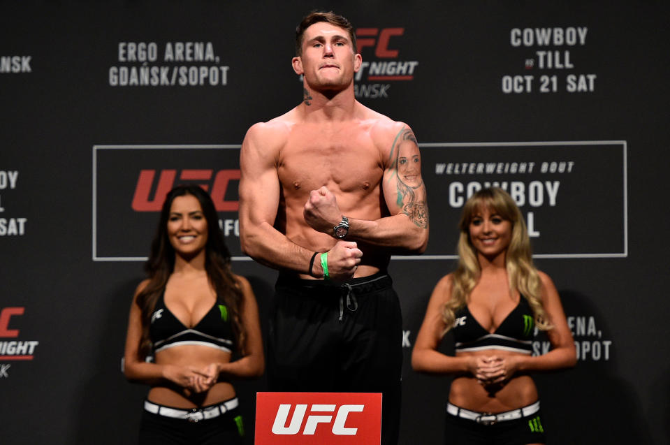 Darren Till of England poses on the scale during the UFC Fight Night Weigh-in inside Ergo Arena on Oct. 20, 2017 in Gdansk, Poland. (Getty Images)