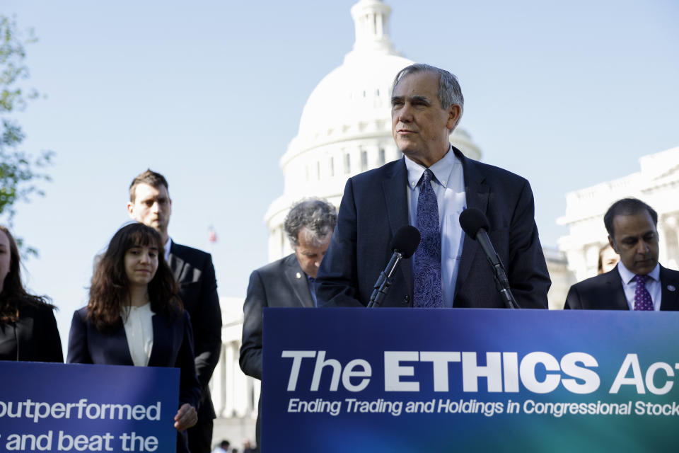 WASHINGTON, DC - APRIL 18: Sen. Jeff Merkley (D-OR) speaks at a press conference on the introduction of the Senate ETHICS Act outside of the U.S. Capitol Building on April 18, 2023 in Washington, DC. The ETHICS Act, which stands for Ending Trading and Holdings in Congressional Stocks, would restrict members of Congress and their immediate family members from owning or trading stocks while serving in office.  (Photo by Anna Moneymaker/Getty Images)