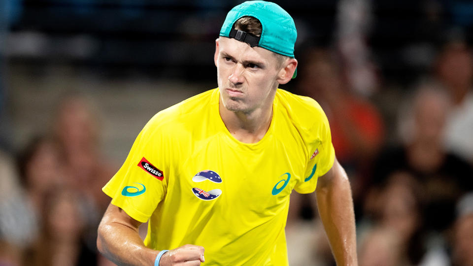 Alex De Minaur, pictured here in action for Australia in the ATP Cup. 