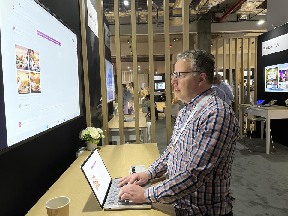 Jared Andersen, Director of Product Marketing for Bing Chat at Microsoft, shows a new artificial intelligence tool for generating images on Microsoft's Bing Chat Enterprise at a company event in New York, on Thursday, Sept. 21, 2023. (AP Photo/Cora Lewis)