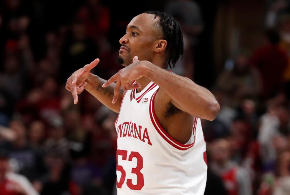 Indiana Hoosiers guard Tamar Bates (53) celebrates after scoring during the Big Ten Men’s Basketball Tournament game against the Maryland Terrapins, Friday, March 10, 2023, at United Center in Chicago. Indiana won 70-60. 