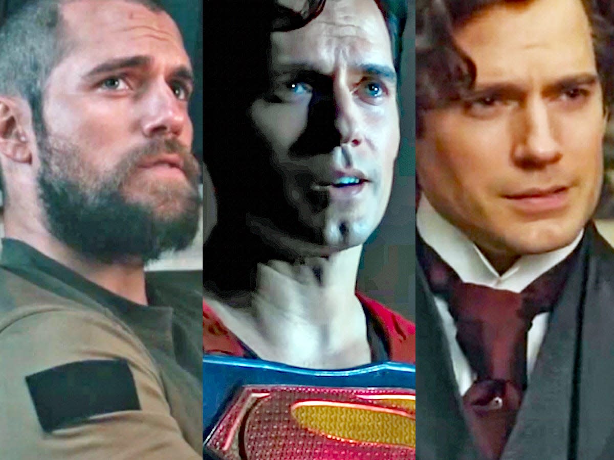 Henry Cavill in "Sand Castle." Henry Cavill as Superman in "Black Adam." Henry Cavill in "Enola Holmes 2."