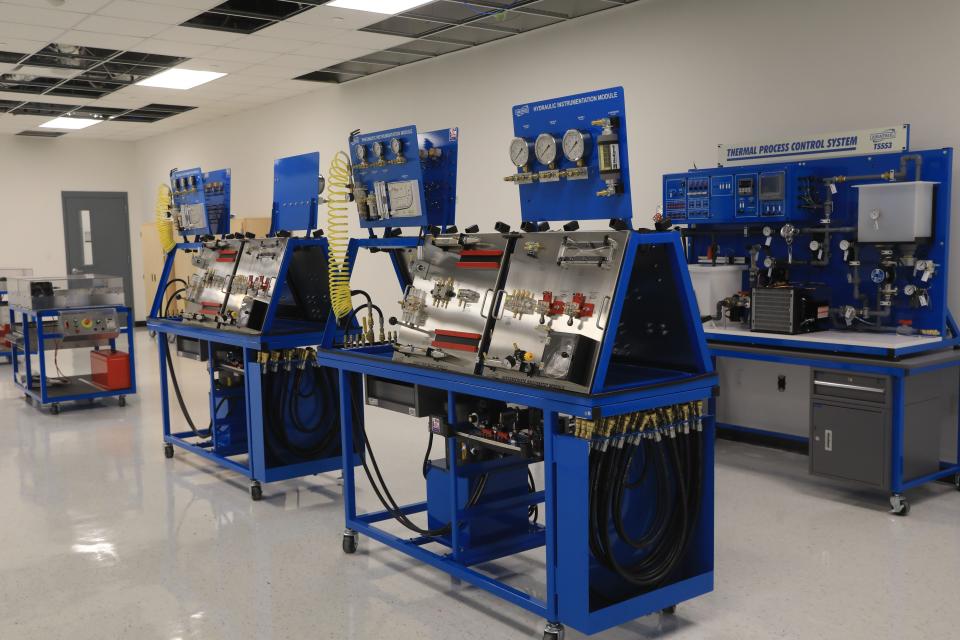 Lab stations in the mechatronics lab at Dutchess Community College's Fishkill campus on July 12, 2023. 