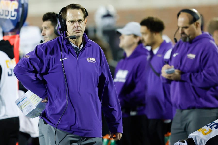 <em>James Madison head coach Curt Cignetti watches as his team plays against Coastal Carolina during the second half of an NCAA college football game in Conway, S.C., Saturday, Nov. 25, 2023. (AP Photo/Nell Redmond)</em>