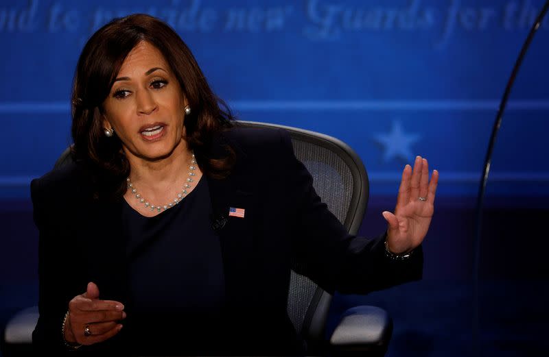 Democratic vice presidential nominee Senator Kamala Harris and U.S. Vice President Mike Pence participate in their 2020 vice presidential campaign debate in Salt Lake City