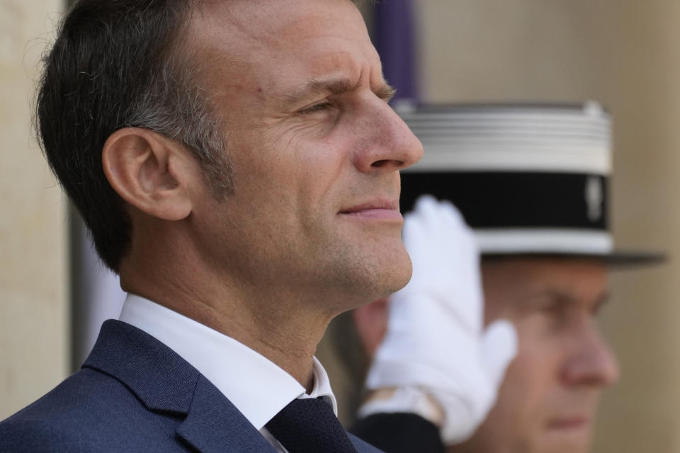 French President Emmanuel Macron waits for Hungarian Prime Minister Viktor Orban Wednesday, June 26, 2024 at the Elyseee Palace in Paris. Macron called snap elections following the defeat of his centrist alliance at European Union elections earlier this month. Voters will choose lawmakers for the National Assembly in two rounds on June 30 and July 7. (AP Photo/Thibault Camus)