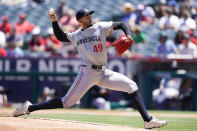 Minnesota Twins starting pitcher Pablo Lopez throws during the first inning of a baseball game against the Los Angeles Angels, Sunday, April 28, 2024, in Anaheim, Calif. (AP Photo/Ryan Sun)