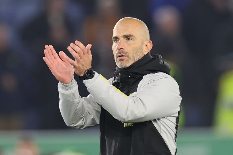 Leicester City Manager Enzo Maresca applauds the fans at the final whistle during the Sky Bet Championship match between Leicester City and Sunderland at the King Power Stadium, Leicester on Tuesday 24th October 2023.