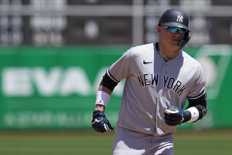 New York Yankees' Josh Donaldson runs the bases after hitting a two-run home run against the Oakland Athletics during the sixth inning of a baseball game in Oakland, Calif., Thursday, June 29, 2023. (AP Photo/Godofredo A. Vásquez)