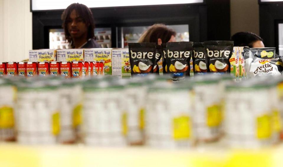 Food fills the shelves of O.D. Wyatt High School’s new on-campus grocery store on Wednesday, January 31, 2024, in Fort Worth. The grocery store is the fifth one opened through Texas Health Resources’ THRIVE North Texas program and the first in Fort Worth ISD.