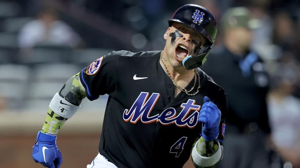 May 19, 2023; New York City, New York, USA; New York Mets catcher Francisco Alvarez (4) reacts as he rounds the bases after hitting a solo home run against the Cleveland Guardians during the fifth inning at Citi Field.