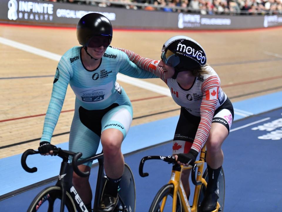 Canada's Kelsey Mitchell ended her UCI Track Champions League season with a tight sprint final loss to France's Mathilde Gros on Saturday in London, England.   (@UCITCL/Twitter - image credit)