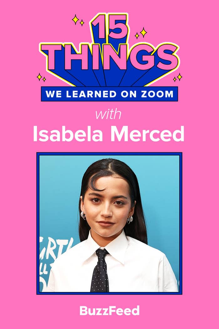 Graphic with text "15 Things We Learned on Zoom with Isabela Merced" against a pink background, BuzzFeed logo at bottom