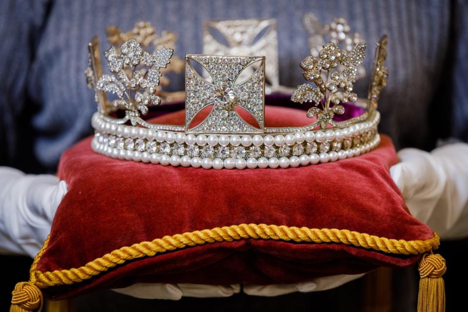 RICKMANSWORTH, ENGLAND - SEPTEMBER 08: Victoria's (Emily Blunt) George IV State Diadem Coronation Crown from The Young Victoria,(2009) est £20,000- 30,000 goes on view at the Propstore on September 08, 2022 in Rickmansworth, England. Over 1,500 rare and iconic lots will be sold during Propstore’s Entertainment Memorabilia Live Auction over four days from Thursday 3rd to Sunday 6th November 2022. (Photo by Tristan Fewings/Getty Images)