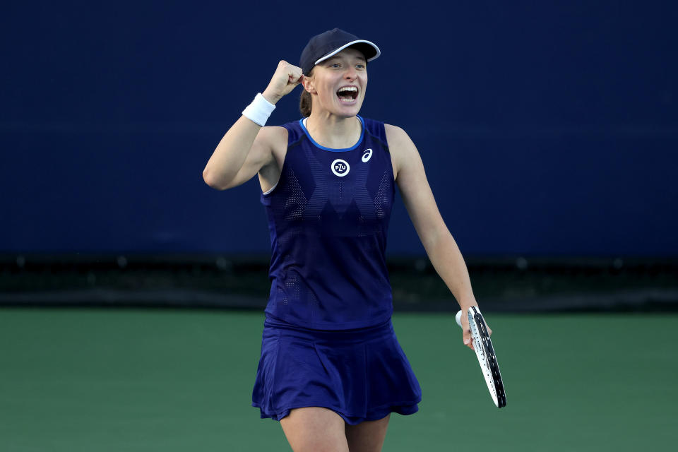 Iga Swiatek, pictured here celebrating after beating Donna Vekic in the San Diego Open final.