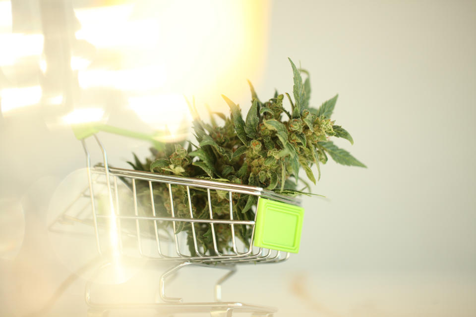 Marijuana flower in a tiny toy shopping cart.