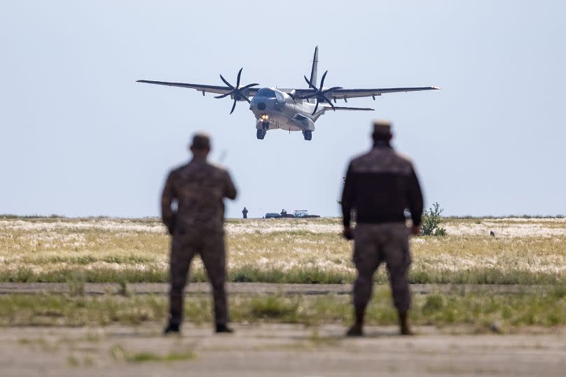 The horses arrive via plane in Kazakhstan. 