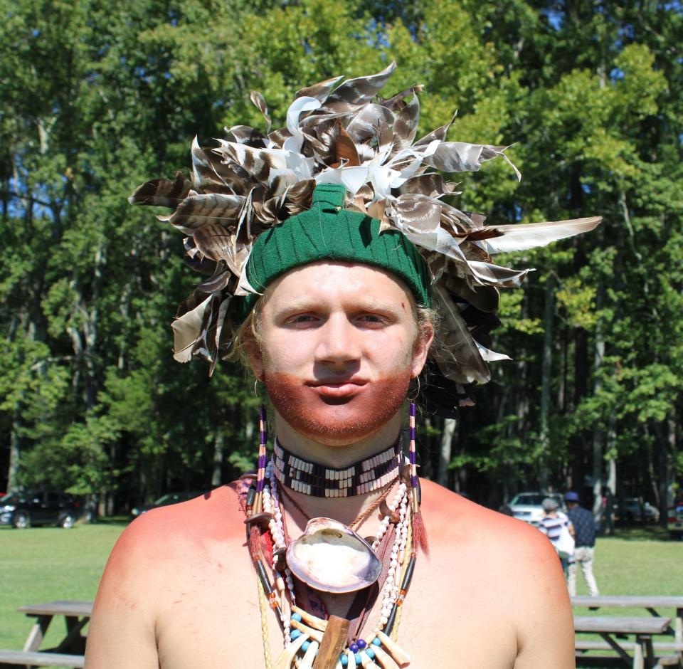 Ethan Phelps of the Cheroenhaka [Nottoway] Indian Tribe strikes a pose at the Nottoway Indian Tribe of Virginia 2023 Powwow in Surry.