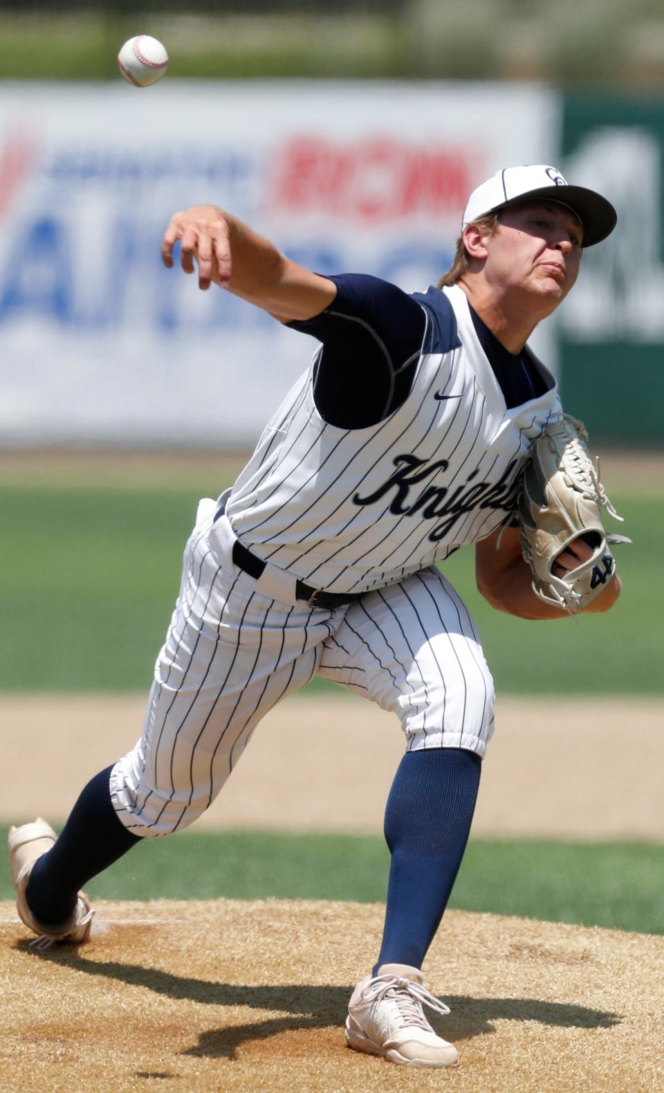 Central Catholic Knights Ben Mazur (27) pitches during the IHSAA baseball semi state game against Wes-Del, Saturday, June 10, 2023, at Loeb Stadium in Lafayette, Ind. Central Catholic won 6-2.