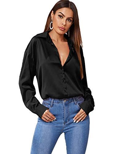 19) Women's Satin Silk Long Sleeve Button Down Shirt