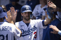 Los Angeles Dodgers' Chris Taylor his greeted in the dugout after scoring on an RBI-double by Gavin Lux during the second inning of a baseball game against the Cleveland Guardians in Los Angeles, Sunday, June 19, 2022. (AP Photo/Kyusung Gong)