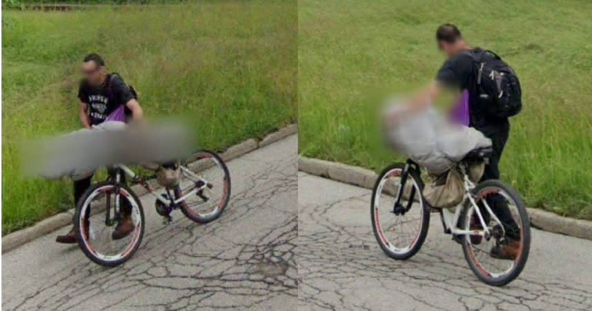 男子推著腳踏車走在街頭，車上可疑物品令網友是屍體。（圖／截取自Google　map）
