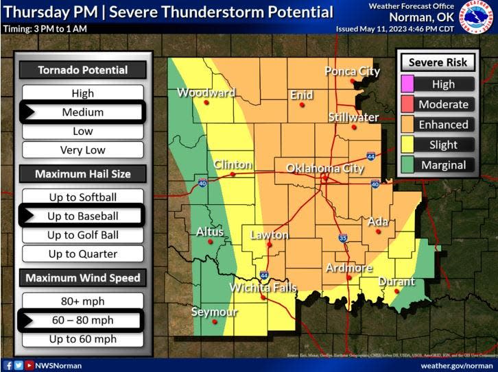 National Weather Service forecasts severe thunderstorms across Oklahoma on Thursday, May 11, 2023.