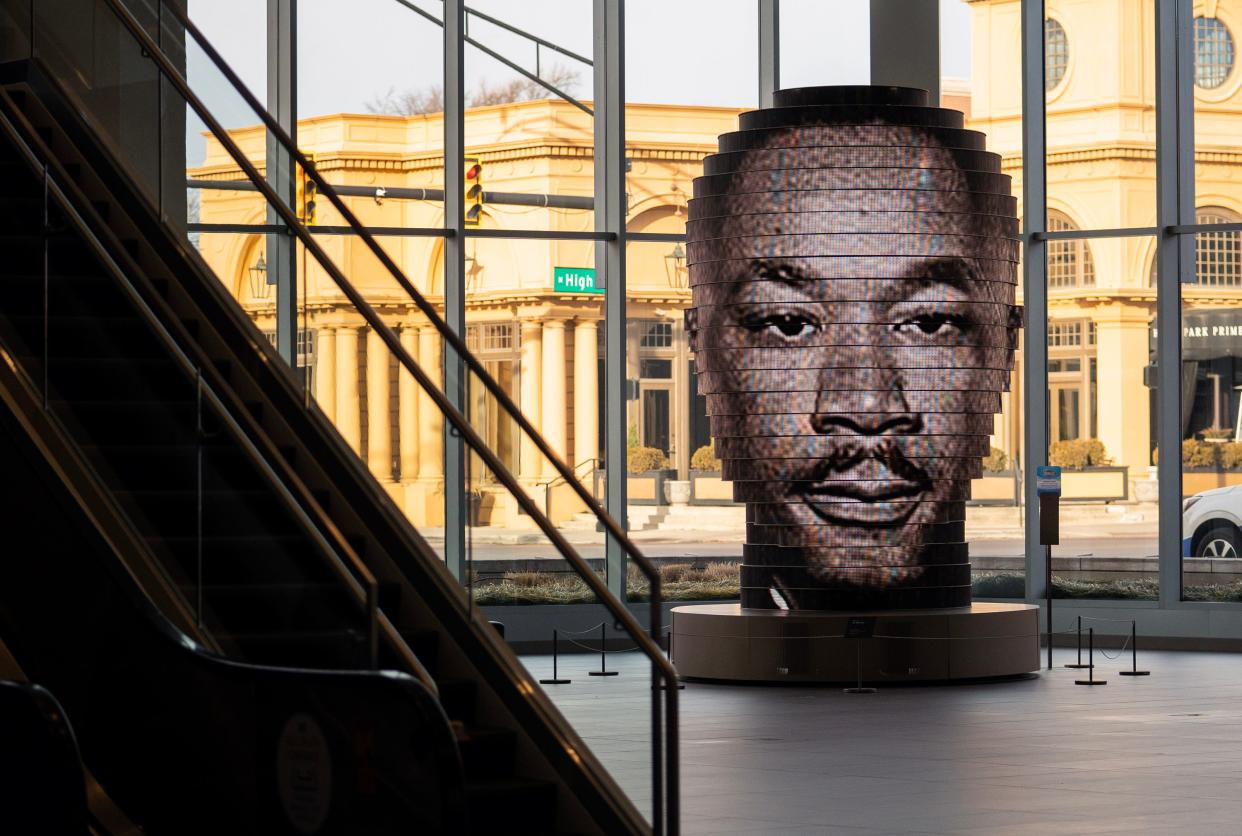 Jan 16, 2023; Columbus, Ohio, USA;  ÒAs We AreÓ, a piece by Matthew Mohr, features a photo of Dr. Martin Luther King Jr. for the 2023 Martin Luther King Jr. Breakfast  at the Columbus Convention Center. Mandatory Credit: Brooke LaValley/Columbus Dispatch