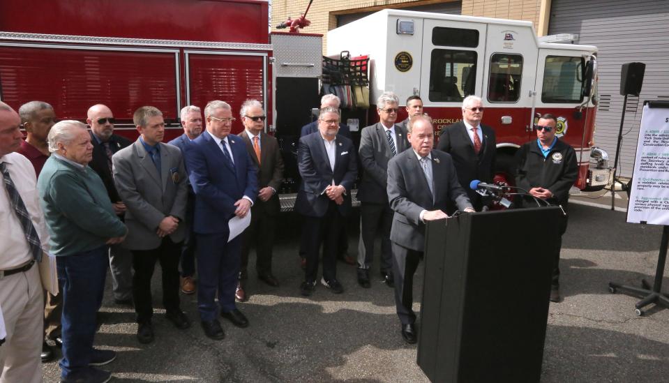Rockland County Executive Ed Day speaks about several fire safety bills supported by several elected officials in a bipartisan effort at the Rockland County Fire Training Center in Pomona March 15, 2024.