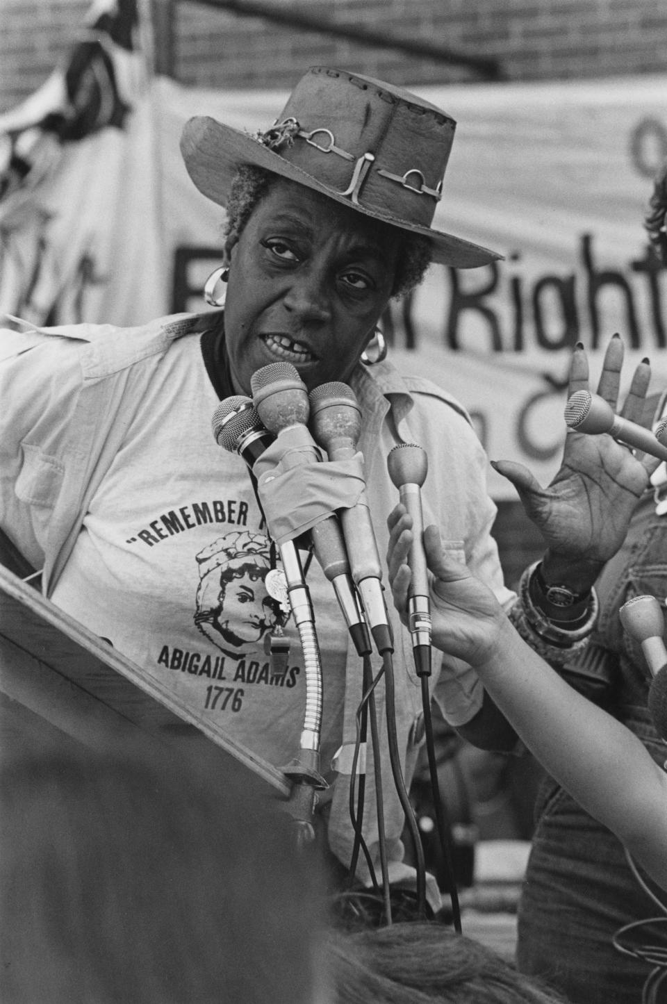 American lawyer, activist, civil rights advocate, and feminist, Florynce 'Flo' Kennedy (1916 - 2000), addresses the crowd at a Women's Day Rally in Boston, Massachusetts, USA, 26th August 1976. (Photo by Barbara Alper/Getty Images)<span class="copyright">Getty Images—2014 Barbara Alper</span>