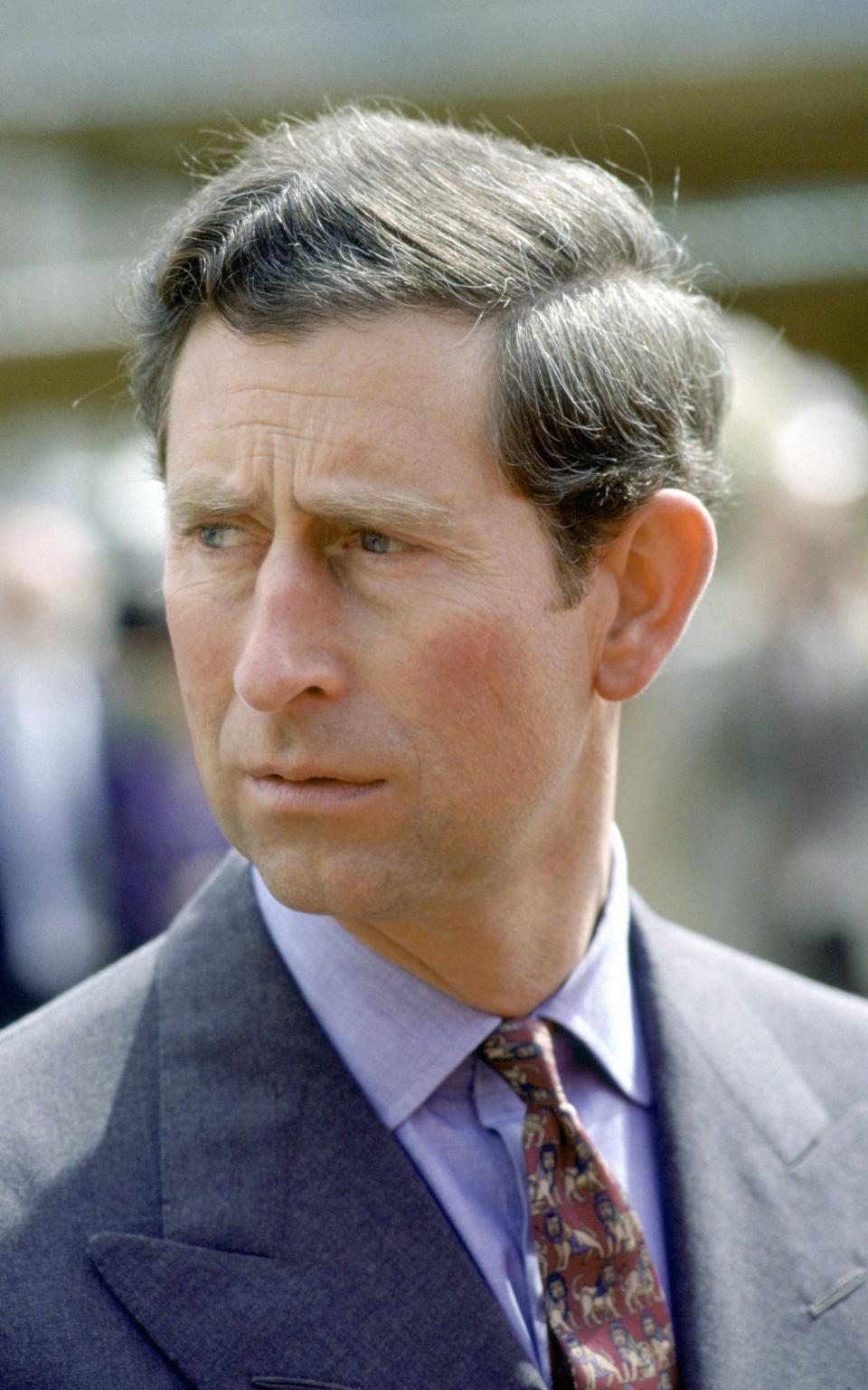 Prince Charles wearing a tie with a lion pattern in 1992