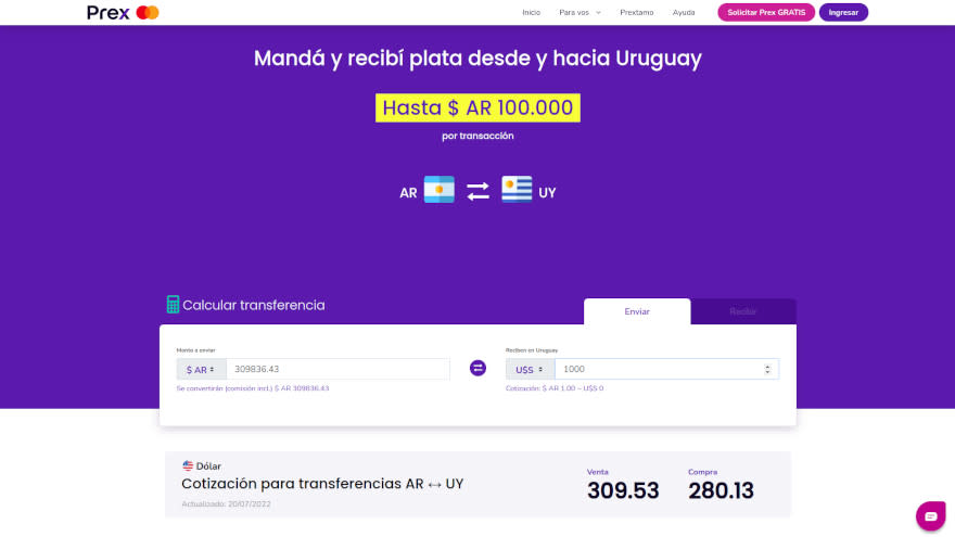 Cotización del dólar en Prex el 20.07.2022