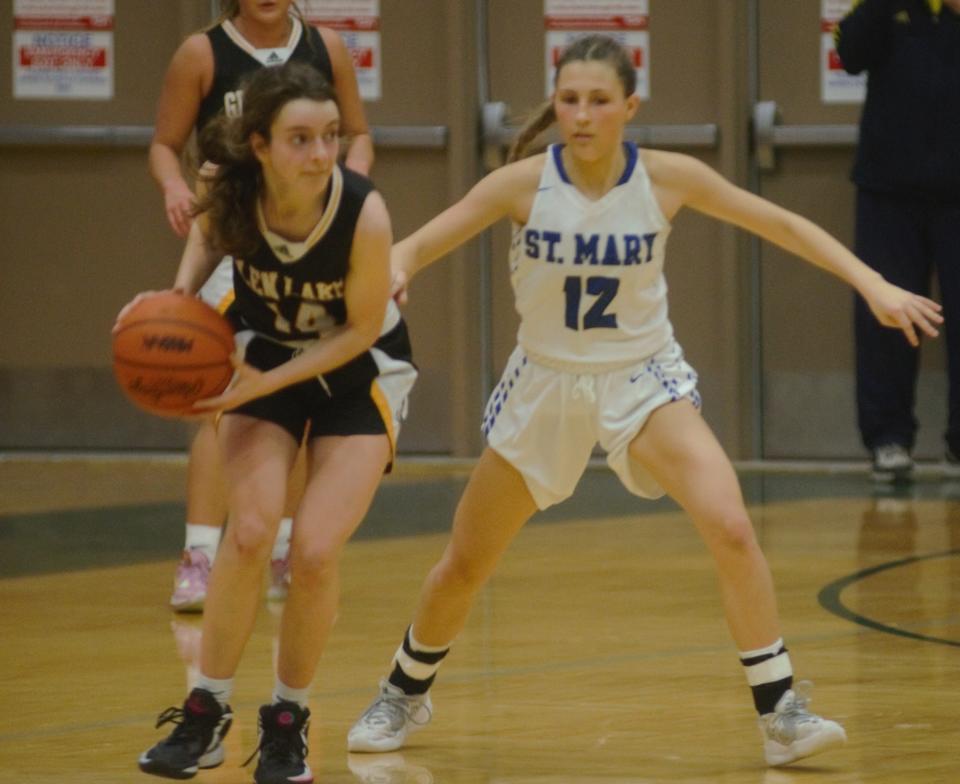 Emma McKinley sets up on defense during a regional final matchup between Gaylord St. Mary's and Glen Lake on Thursday, March 9 at Traverse City West High School in Traverse City, Mich.