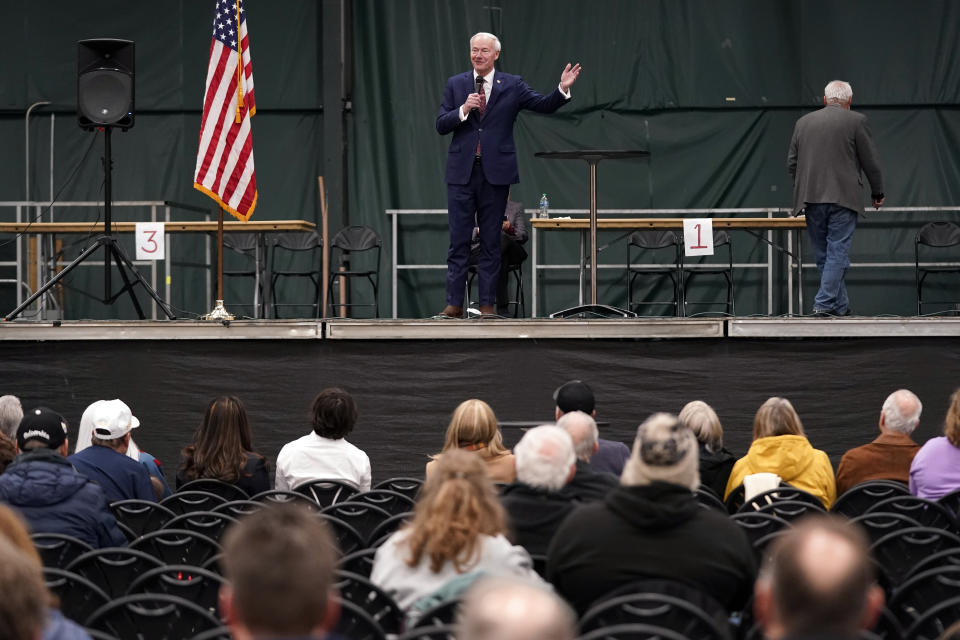 FILE - Republican presidential candidate former Arkansas Gov. Asa Hutchinson speaks in Clive, Iowa, Jan. 15, 2024. Hutchinson is dropping out of the race for the Republican presidential nomination after finishing sixth in Iowa's leadoff caucuses. The former Arkansas governor said Tuesday, Jan. 16, 2024, that his poor performance in Iowa showed him that he has no path to the Republican nomination. (AP Photo/Andrew Harnik, File)