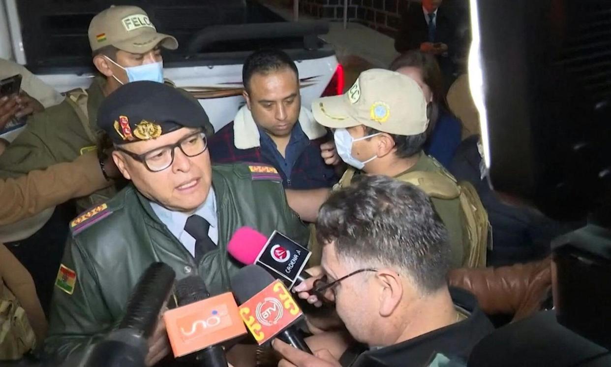 <span>Bolivia's sacked army head Gen Juan José Zúñiga Macías is arrested after an apparent coup attempt against the president, Luis Arce.</span><span>Photograph: Bolivia TV/AFP/Getty Images</span>